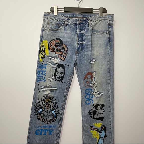 MNML Men's light wash straight leg devil diabolical skull grunge denim jeans 36 - Picture 2 of 11